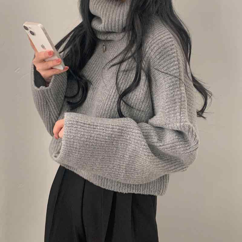 ハイネック ニットセーター レディース 韓国 厚手 無地 ゆったり スリム ショート丈 長袖 秋冬 暖か スタイルアップ ベーシック トップス