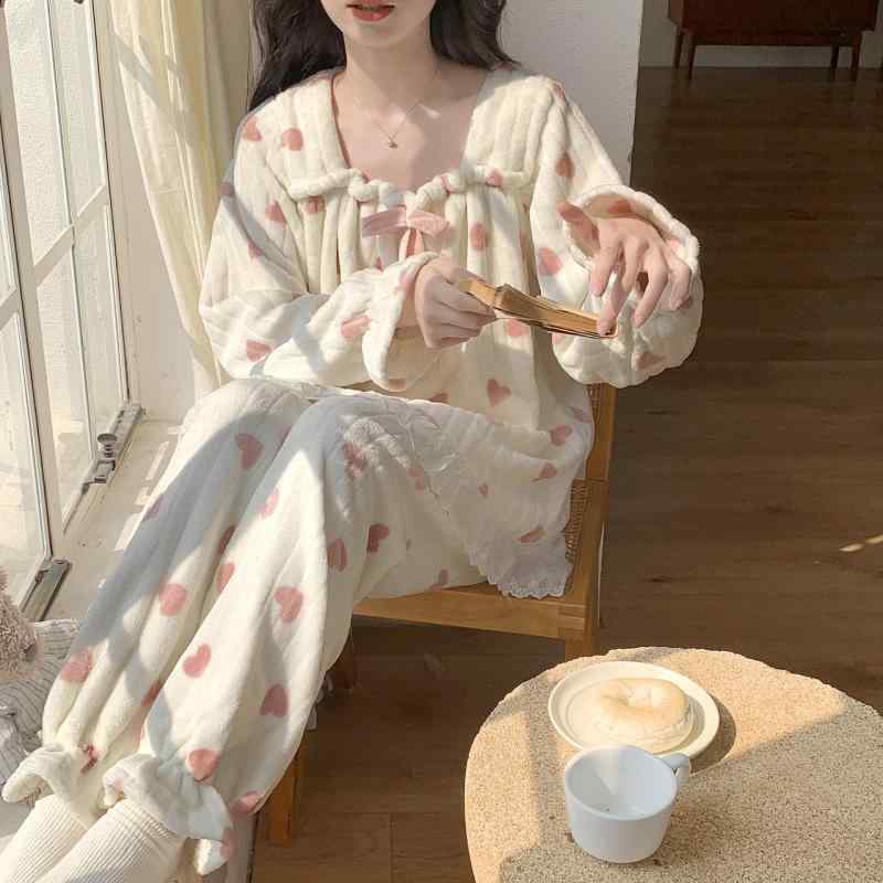 パジャマ レディース 長袖 秋冬 フランネル 厚手 暖か プリンセス風 かわいい ルームウェア セット 部屋着 起毛加工 伸縮性 柔らかい ホームファッション