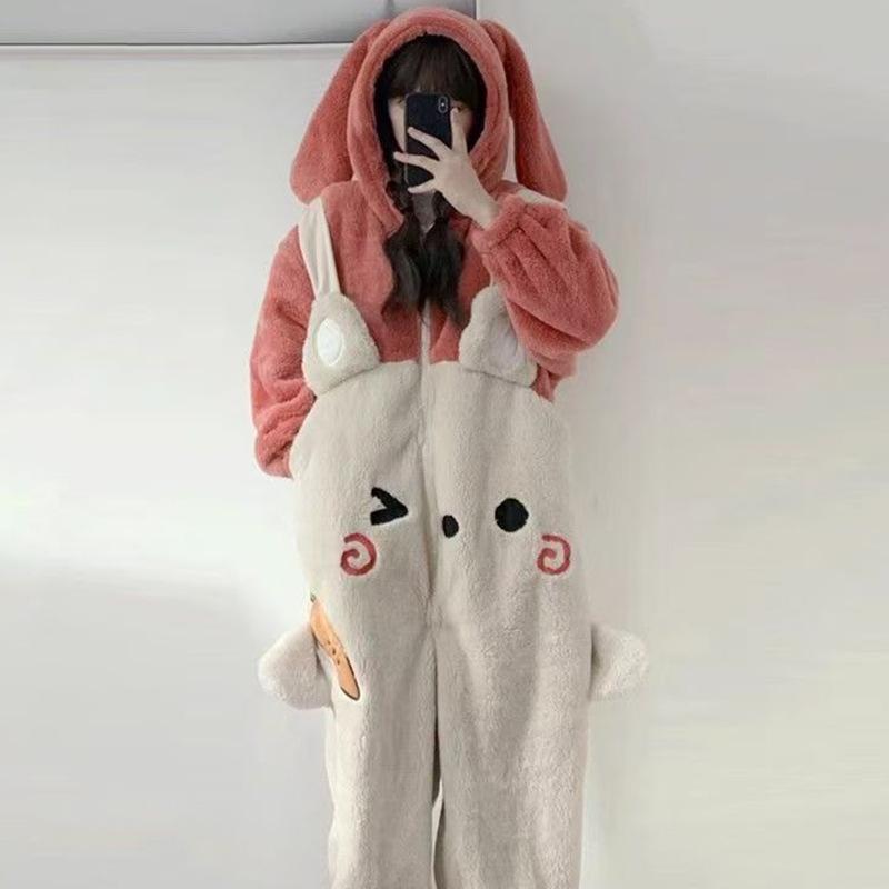 部屋着 レディース 冬 かわいい ウサギ柄 フード付き コーラルフランネル 厚手 暖か 柔らかい 保暖性 連体パジャマ ホームウェア ルームウェア