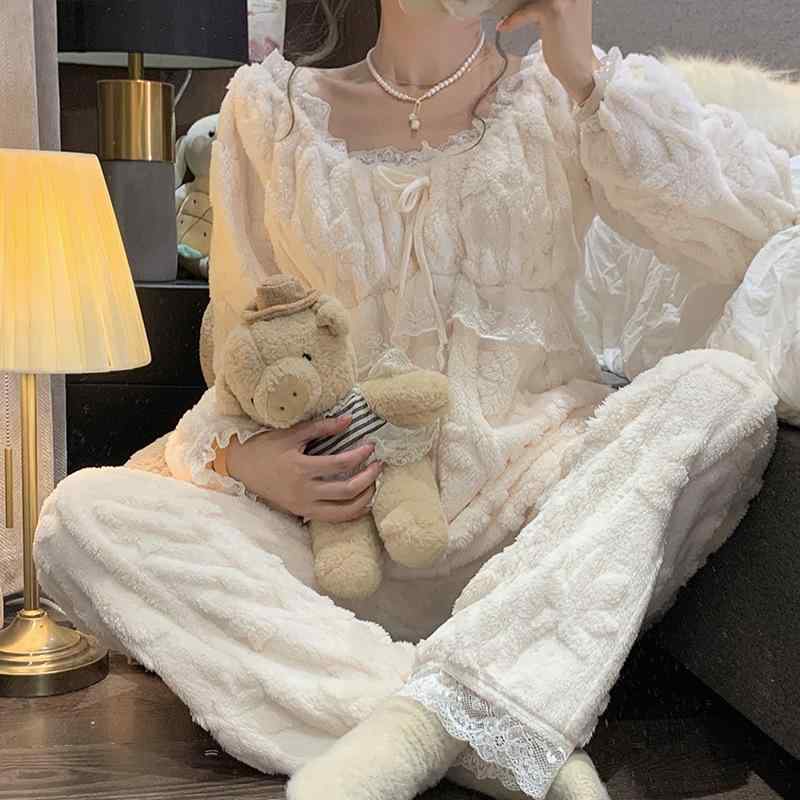 パジャマ 女性用 冬 プリンセス風 かわいい 珊瑚絨 フランネル 柔らか 厚手 暖か ふわふわ ルームウェア 2点セット 就寝着 ホームウェア
