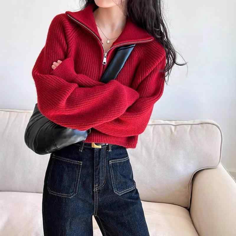 セーター レディース 秋冬 ショート丈 ハイネック ハーフジッパー ゆったり 小柄向け 柔らかい ニット トップス カジュアル 日常使い