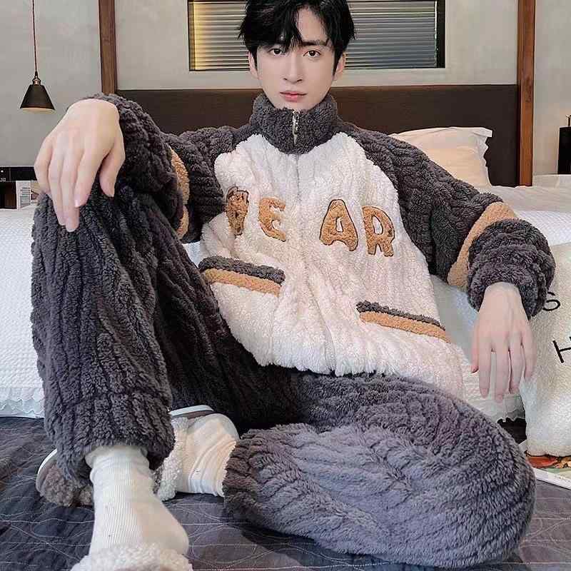 男性用 冬用 ルームウェア コーラルフリース フランネル ジッパー付き 厚手 暖か パジャマ セット ビッグサイズ 柔らかい 部屋着 ホームウェア 保温性 ゆったり