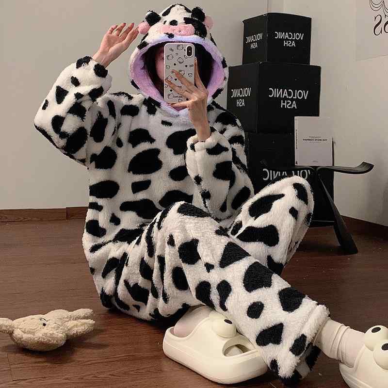 パジャマ 女性用 冬用 牛柄 カートゥーン 厚手 フランネル コーラルベルベット かわいい ルームウェア セット 暖か 部屋着 韓国 柔らかい 生地