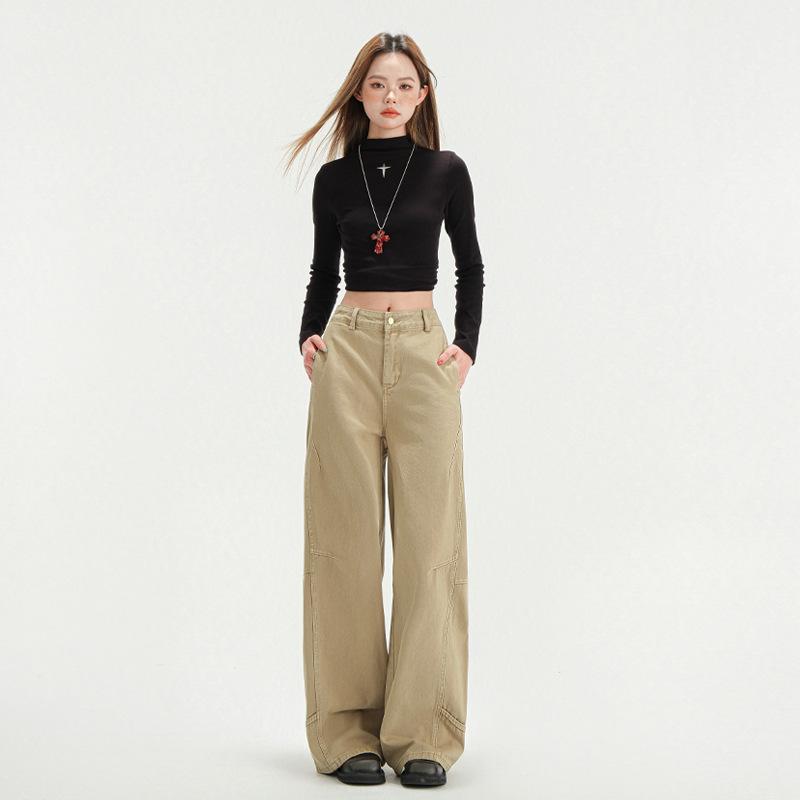 レディース ワイドレッグ ハイウエスト デニムパンツ アメリカンスタイル レトロ 切り替え ストレート ロングパンツ ゆったり スリム 春夏 デニム素材 普段使い