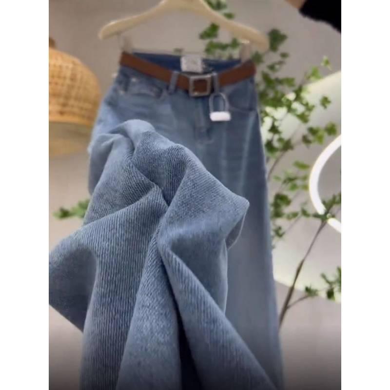 レディース デニムパンツ ハイウエスト ワイドレッグ ストレート ロングパンツ 大きめ サイズ ぽっちゃり対応 ストレッチ フィット フリースライニング 暖か素材 春用 梨型体型 カバー 快適 通勤 普段使い