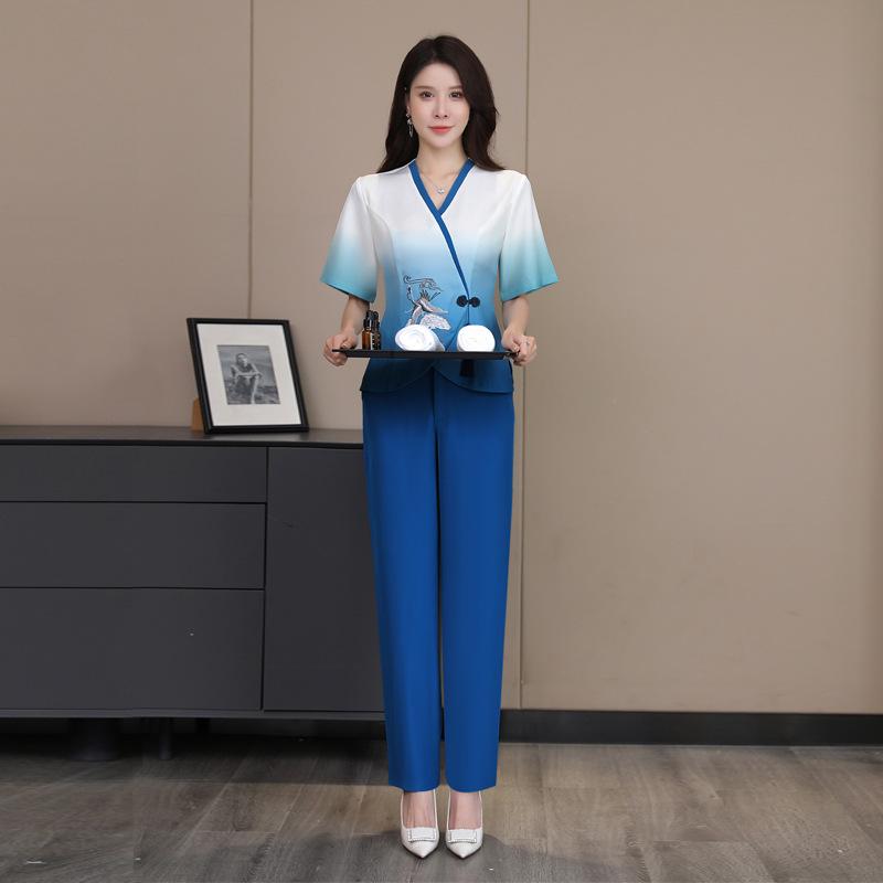 春夏 レディース 足療技師 進め方服 足浴 息休め館 SPA 耳かき 応用科学者用 グラデーション 刺しゅう 制服 軽さ 伸縮性 吸湿速乾