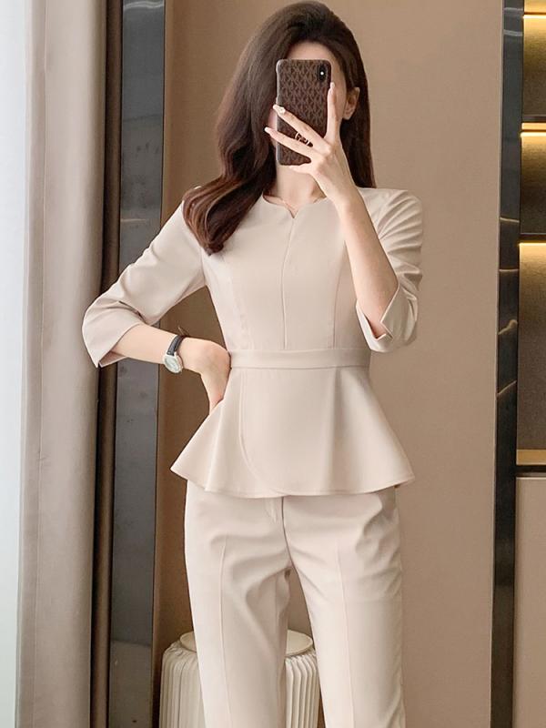 仕事服 レディース 杏色 スーツ セット 美容院 ヘアサロン ビューティーサロン 美容師 ユニフォーム 宝飾店 ジュエリーショップ 接客着 エステ スパ 春夏