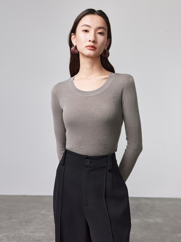 レディース 秋冬 シームレス ニット トップス Uネック 長袖 薄手 インナー ベースレイヤー ボディ フィット スリム 効果 伸縮 素材 軽量 ソフト タッチ 暖か レイヤード