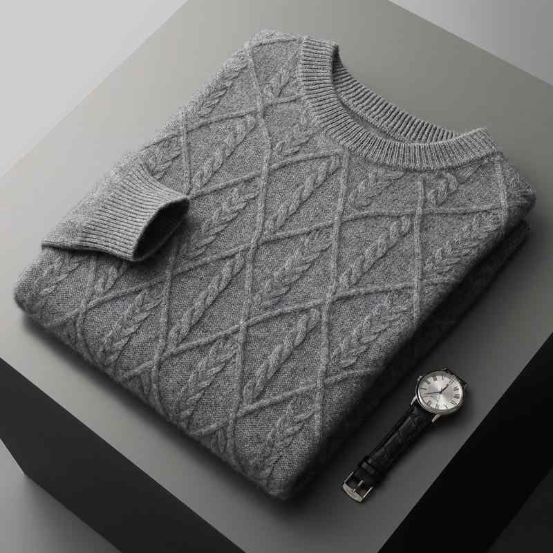 ニットセーター メンズ 秋冬 長袖 クルーネック プルオーバー 菱形格紋 ケーブル編み カシミヤ 暖か素材 高級感 柔らかい肌触り カジュアルスタイル
