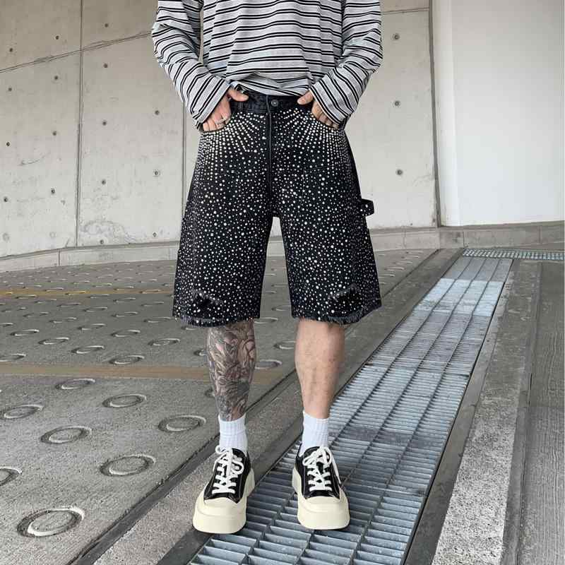 ジーンズさる股引き メンズ 裂け目 広広とした引っ切り無い 5分丈 夏用 綿織物 伸び伸びする填まる