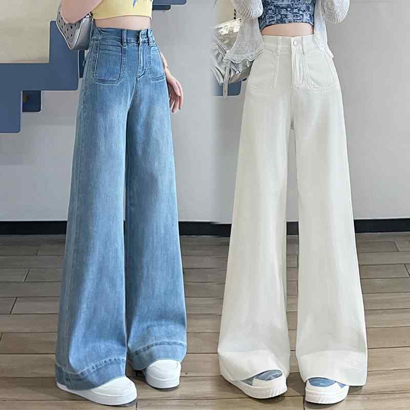 レディース デニムパンツ 白 ハイウエスト ワイドレッグ ストレート ロング丈 フィット ドレープ感 スリム効果 梨型体型対応 春秋用 後ろゴム腰 カジュアル 普段使い デニム素材 伸縮性