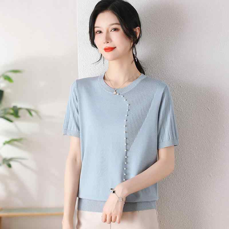 Tシャツ レディース 夏 短袖 ビーズ ジルコニア 接触冷感 ニット トップス 中年女性向け 吸湿速乾 軽量 綿混 かわいい 普段使い 通勤