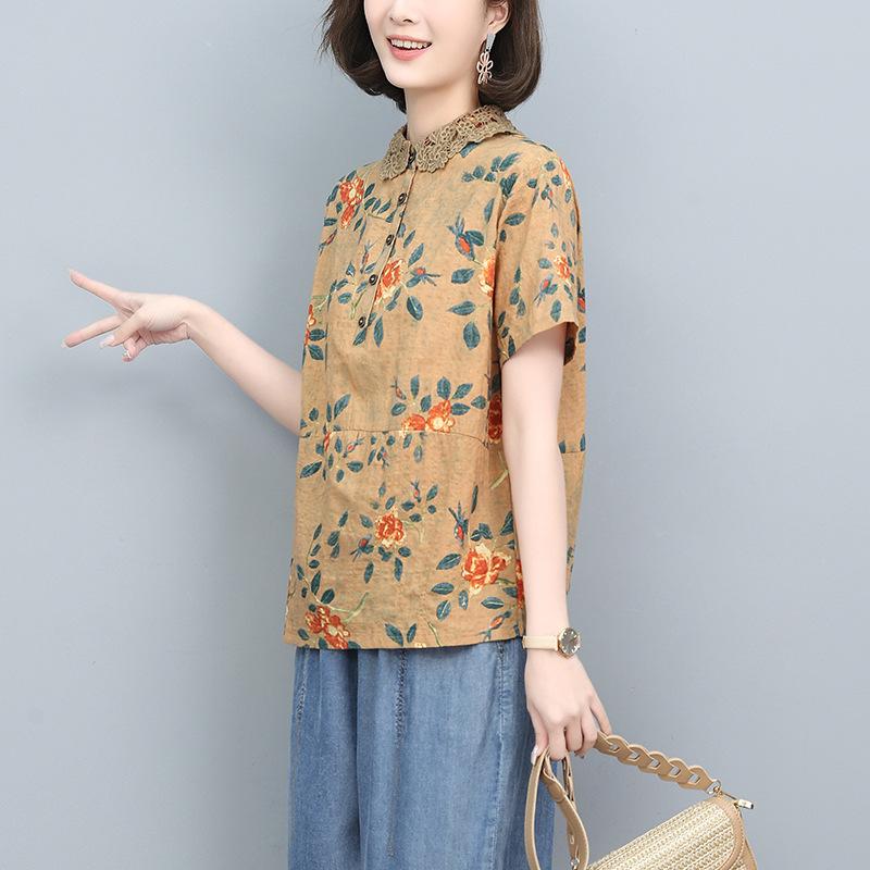 レディース 夏 短袖 フラワー柄 シャツ コットンリネン トップス おしゃれ ミドルエイジ 吸湿速乾 通気性 軽量 ファッション