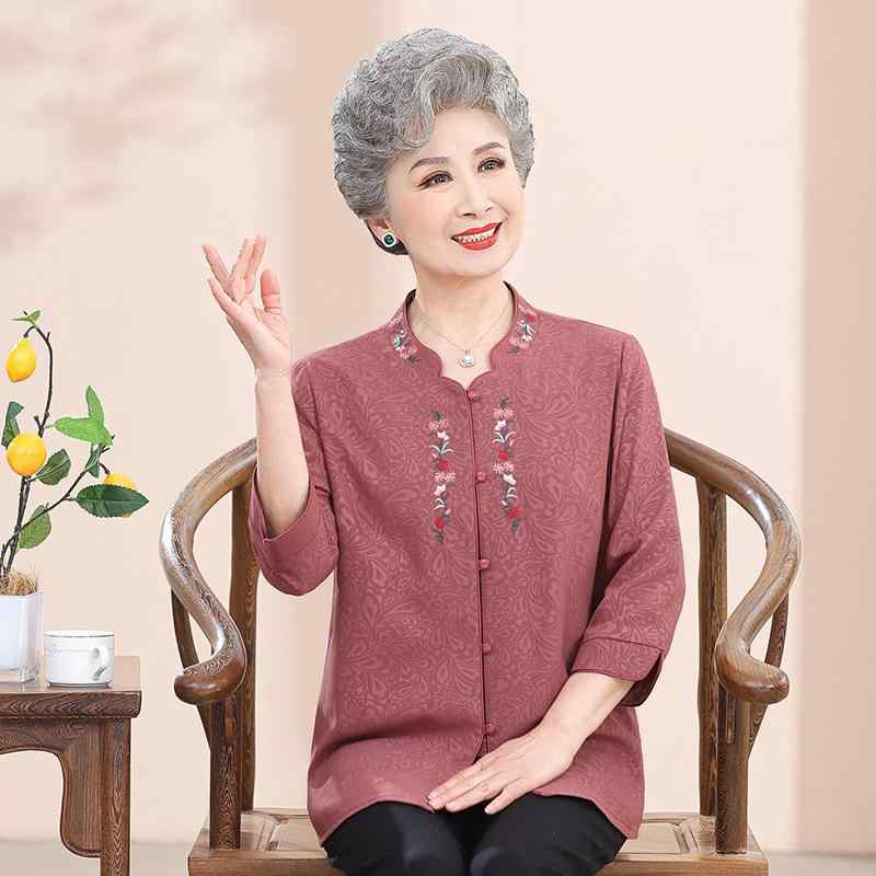 春夏 レディース 刺繍 七分袖 シャツ ブラウス サテン ポリエステル スタイリッシュ 普段着 軽量 吸湿速乾 通勤 カジュアル トップス 女性用 母親向け 洋気 ファッション 再生繊維 伸縮性