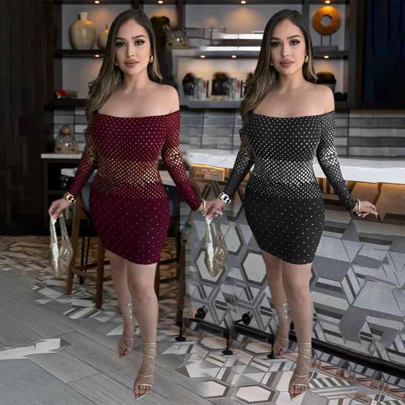 ワンピース レディース オフショルダー セクシー ヒップハグ パーティードレス ラインストーン 装飾 タイトシルエット ボディコン フォーマル イブニング ドレス キラキラ アクセサリー 風