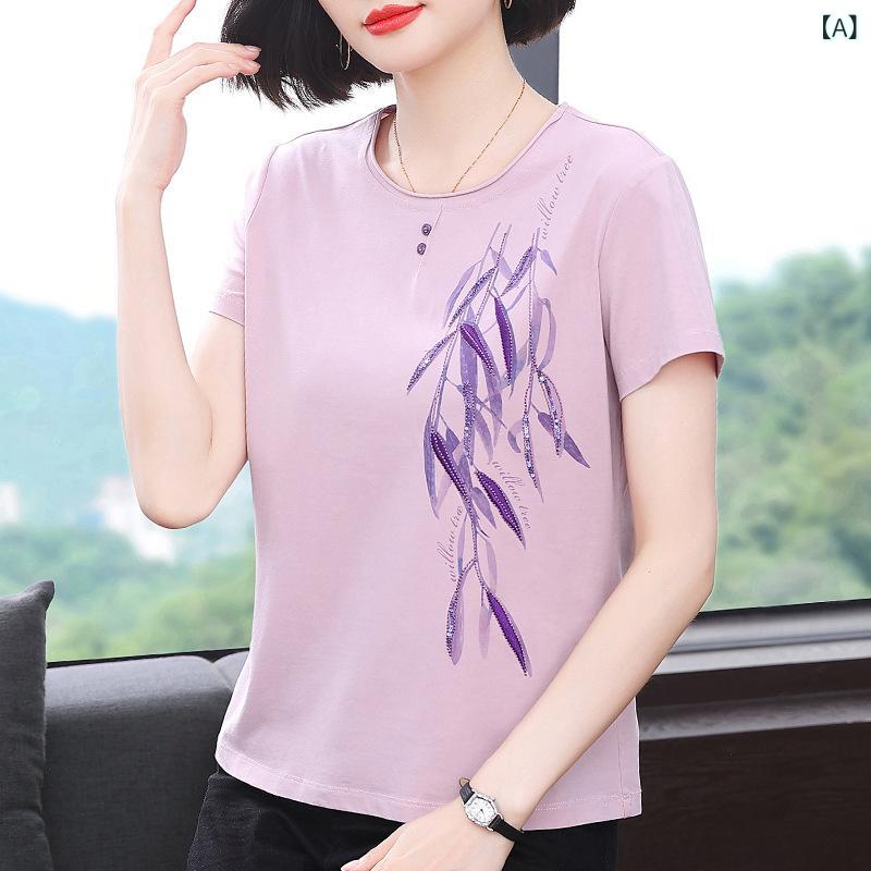 Tシャツ 女性 夏 短袖 ゆったり プリント 綿 普段使い カジュアル トップス リラックス ウェア