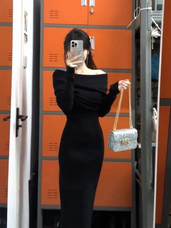 ワンピース レディース オフショルダー ブラック 秋冬 パーティー用 礼服 高級感 シック 軽やか 膝丈 スタイリッシュ フォーマル イブニング ドレス フィット シルエット