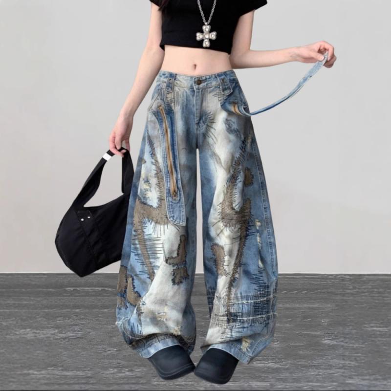 レディース デニムパンツ ストレート レトロ パンク ロング丈 カジュアル 普段使い 個性 スタイル コットン 素材