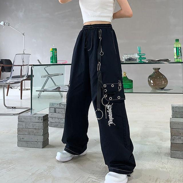 レディース パンク ストリート ワークパンツ ヒップホップ ゴシック ブラック チェーン ワイドレッグ ロング カーゴポケット カジュアル ボトムス