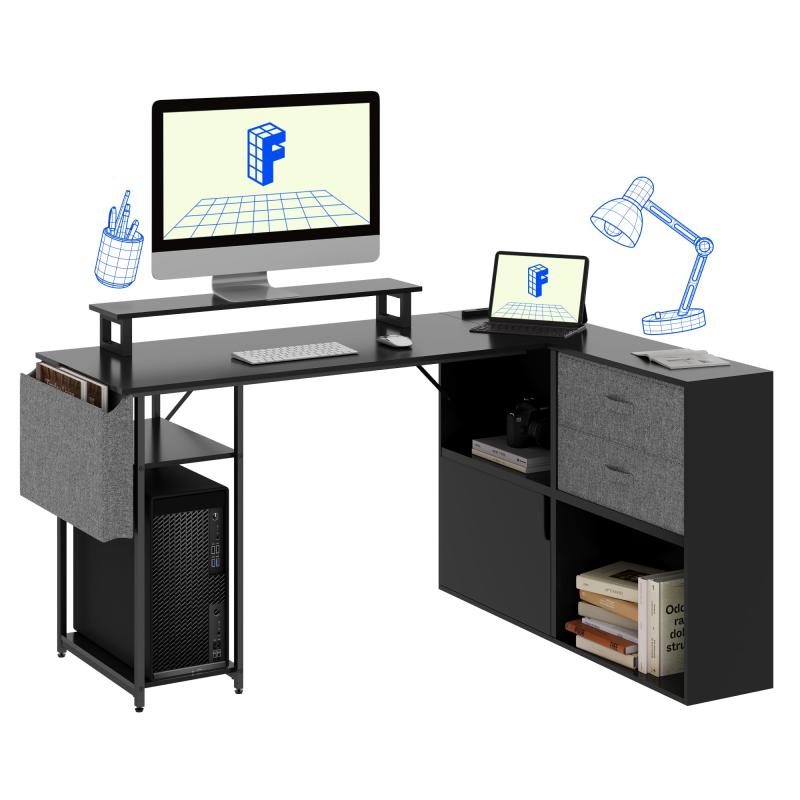 FLEXISPOT l字デスク ?デスク FD19 デスク 収納付き 引き出し 幅134ｘ奥行き105ｘ71cm モーター台付 サイドポケット コンセント アジャスター付き 左右組立 在宅勤務 書斎 ゲーミングデスク テレ