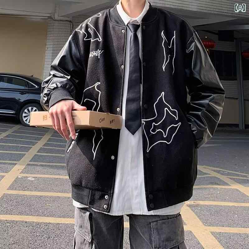 スタジャン メンズ ジャケット PUレザー 切替 ウール混 スタッズ オーバーサイズ ストリート系 高見え 異素材 ミックス ブルゾン ユニセックス 襟付き カジュアル ライトアウター 上着 秋冬 モード系 ビッグシルエット ドロップショルダー