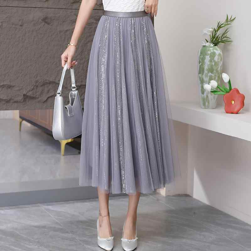 スカート レディース プリーツ チュール ラメ 春 ドレープ Aライン フレア ミドルロング 体型カバー 軽やか 女性らしい シルエット 普段使い