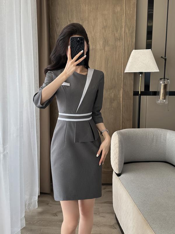 ワンピース レディース 中袖 高級感 春夏 美容師 美容院 ホテル フロント 受付 ユニフォーム 制服 仕事着 通勤用 軽量 綿素材 伸縮性 シンプル ブラック ネイビー アイボリー
