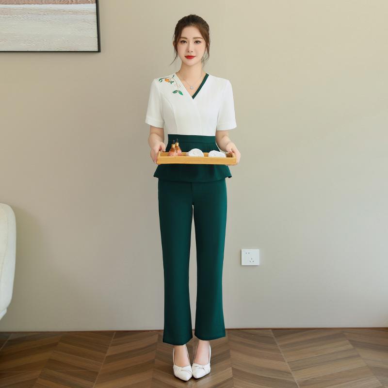 進め方服 お上さん用 美容師 短袖 制服 美容院 SPA 足浴応用科学者 書き割り 今めかしい  好いたらしい 着付ける 労働者階級 表現スタイル
