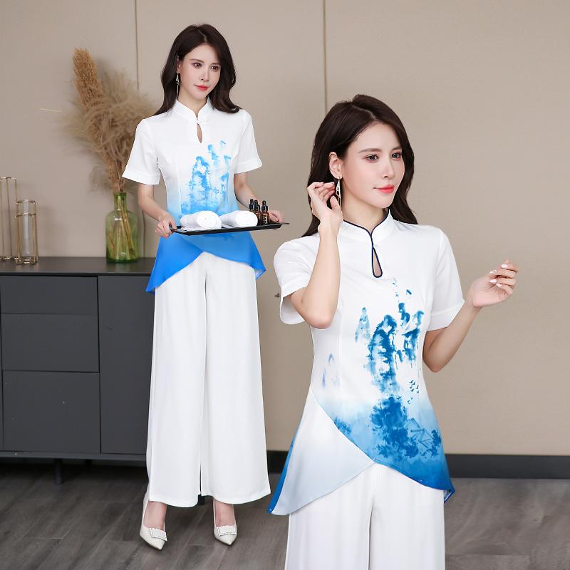 レディース 短袖 作業着 足浴技師用 花柄プリント セット サロン制服 快適 リラクゼーション 軽量 通勤スタイル