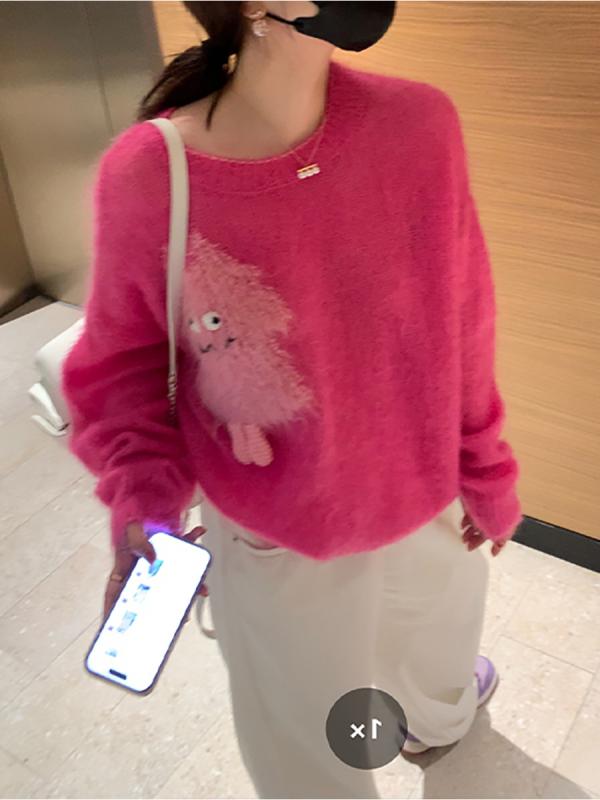 レディース 秋 ニットセーター モンスター柄 プルオーバー ゆったり リラックス スタイル ビビッドカラー フィット 柔らかい素材 日常使い コーディネート トップス アウター｜やすらぎマーケット
