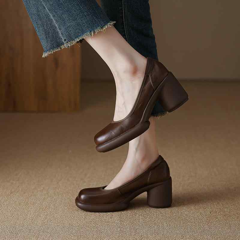 レディース パンプス レトロ 厚底ヒール ラウンドトゥ ローカット フレンチスタイル 通勤用 牛革 石目柄 女性シューズ ハイヒール 靴 足元コーデ 普段使い