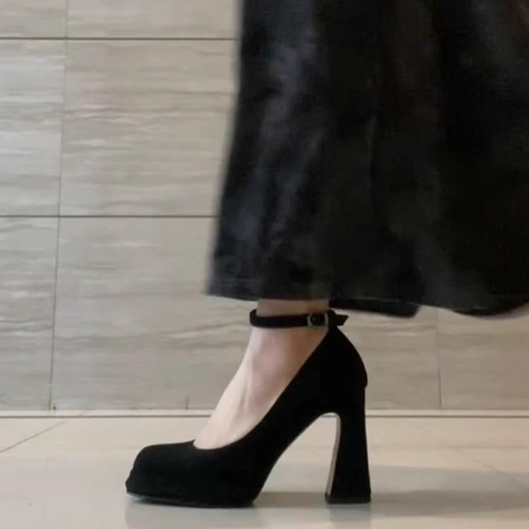 女性用 メアリージェーン パンプス 羊革 スクエアトゥ ストラップ 厚底ヒール 防水性のある靴底 ローカット 疲れにくい 軽量 クッション性 普段使い ブラック ブラウン ベージュ