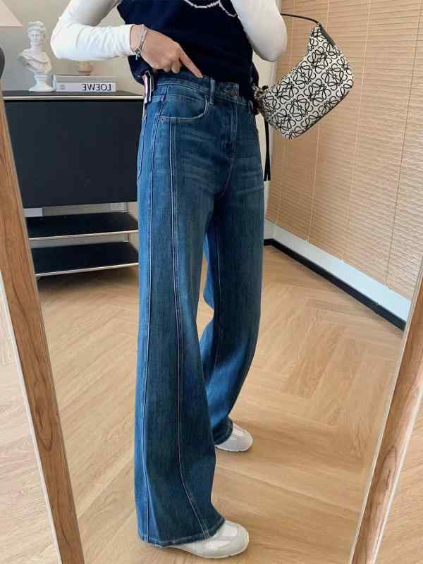 デニムパンツ ワイドレッグ ゆったり ブラック 秋 伸縮性 酵素洗い 切り替え 緩やかフレア 厚手 ストレッチ ヴィンテージ加工 フィット 通勤用 普段使い デニム素材 コットン混