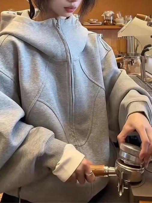 レディース 秋 パーカー グレー ゆったりシルエット ジップアップ 厚手 フード付き レトロ アメリカンスタイル リラックス カジュアル アウトドア 普段使い コットン混 ビッグシルエット