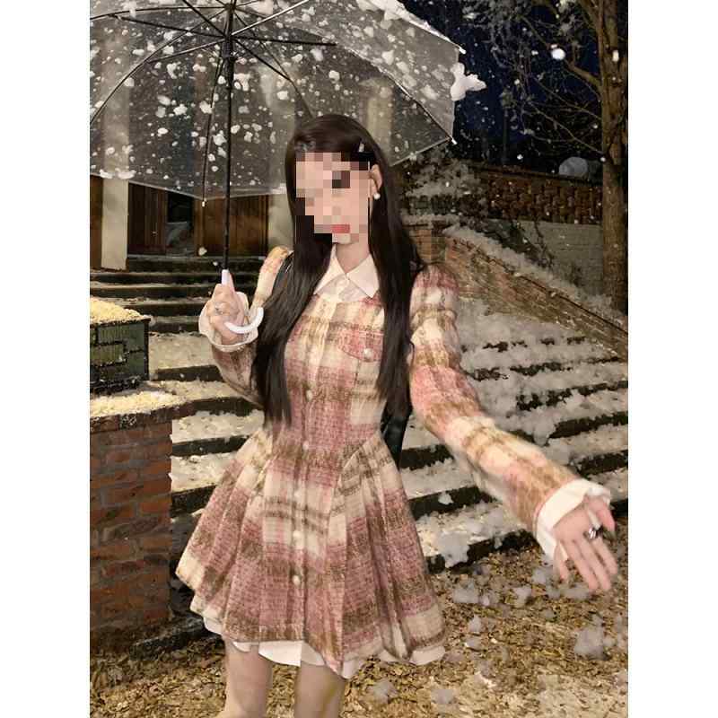 ワンピース レディース 秋冬 チェック柄 フェイクツーピース 長袖 フレアスカート ウエストイン スリム 毛織り スイート フレンチスタイル 暖かみ 日常使い