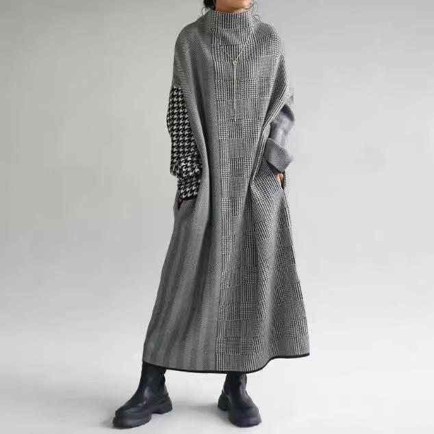 レディース ニットワンピース ロング丈 ゆったりシルエット 千鳥格子柄 ハウンドトゥース スタイルアップ 暖か素材 伸縮性 秋冬 カジュアル 普段使い