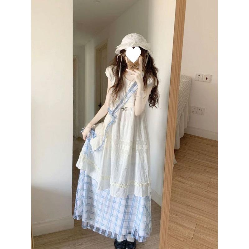 衣裳 スコート 書き割り レディース 夏 愛くるしい ゆったり 白 スピード競技 お嬢さん大学生風 青 照合のしるし柄 膝丈 普段使い走り 通学服 軽さ 綿混 原料品