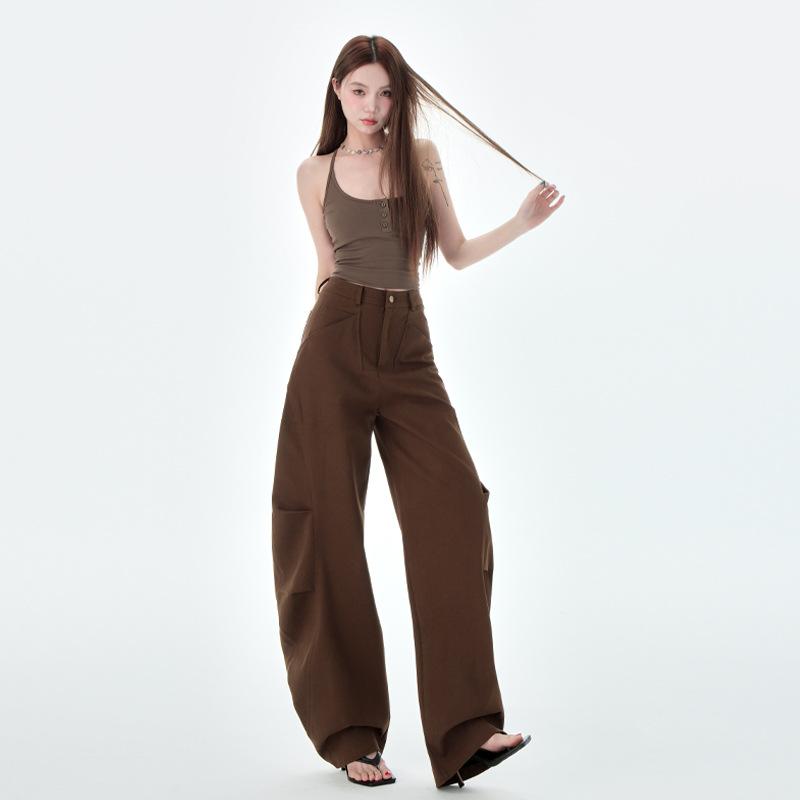 デニムパンツ レディース ブラウン ワイドレッグ フレア ロングパンツ