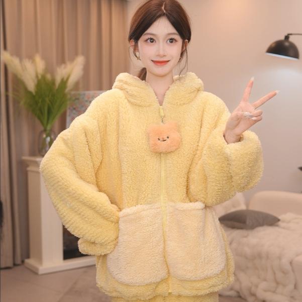 レディース 冬 パジャマセット 厚手 フード付き 暖か かわいい ルームウェア 外出可能 部屋着 家居着