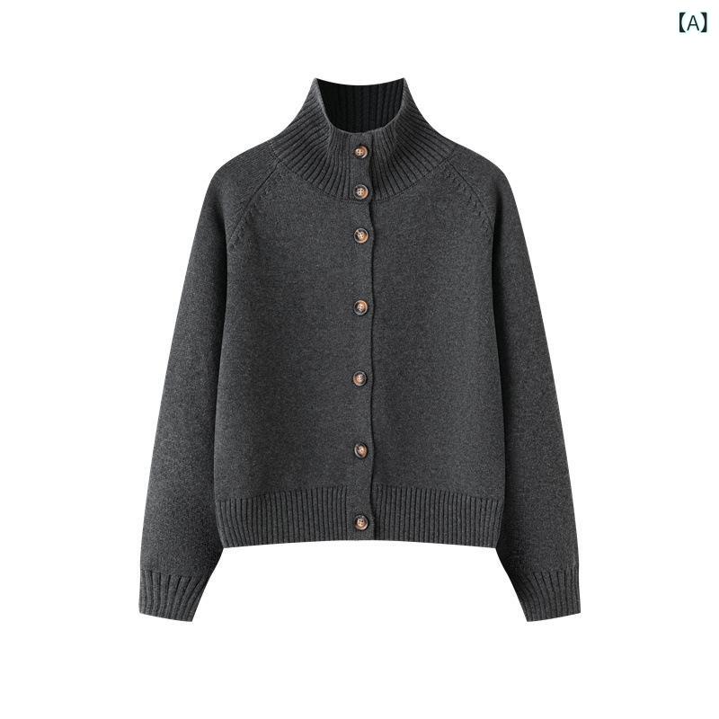 ジレー レディース 綿織物100% ハイネック 編み物 長袖 赤 春物 パステル色の原料品 通気性 軽さ アウター 日常使い走り 今めかしい