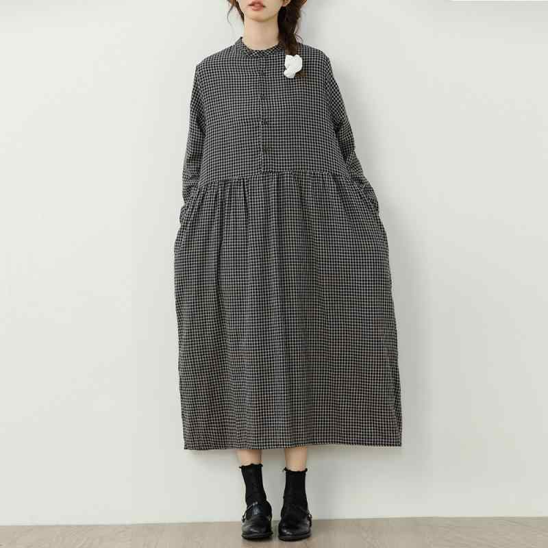 ワンピース レディース 森ガール ゆったり 綿麻 チェック柄 中長丈 長袖 カジュアル 秋 コーディネートしやすい フィット ナチュラル 普段使い 軽量 再生繊維