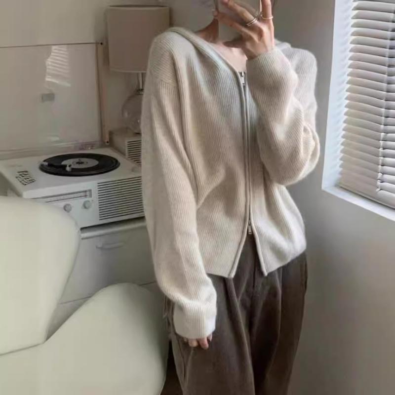レディース ジレー ボンネット付き添い人 編み物 ゆったり 長袖 ダブルファスナー 羊毛原料品 単色 朦々たる 秋冬 アウター 情の籠もった 花の冠yd 普段使い