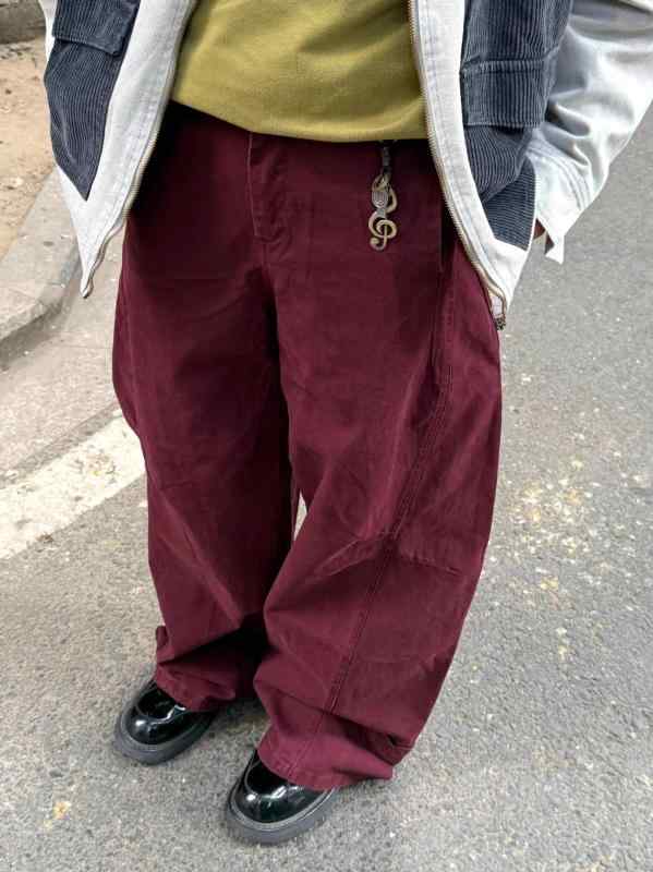 カーゴパンツ メンズ 赤 復古 ワイドレッグ ゆったり ストレートx2