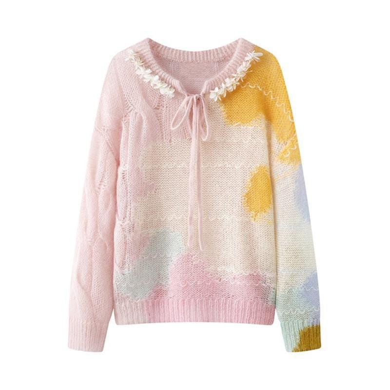ニットセーター レディース 春 モヘア混 花柄 ゆったり ミックスカラー 合わせやすい スタイリッシュ アウター トップス 普段使い 柔らかい素材 軽量 伸縮性
