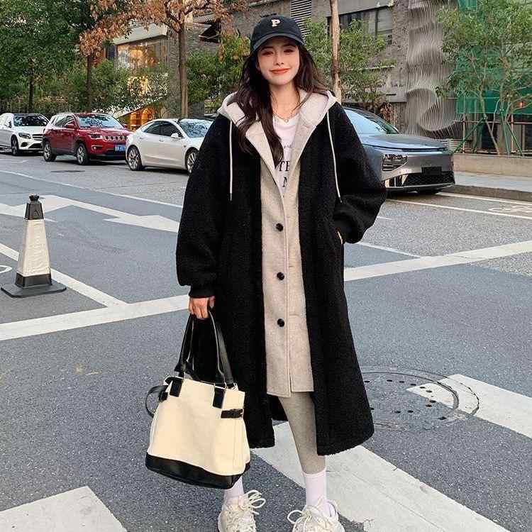 コート レディース 秋冬 ロング丈 フード付き ラムウール フェイクツーピース ゆったり スタイリッシュ 韓国 暖か 軽量 女性用 アウター ボア素材 ワイドシルエット