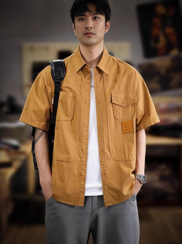 シャツ メンズ 半袖 カジュアル 工場風 ポケット付き オーバーサイズ 襟付き トップス コットン混素材 軽い 羽織り 体型カバー 着回し 街着 普段着 お出かけ