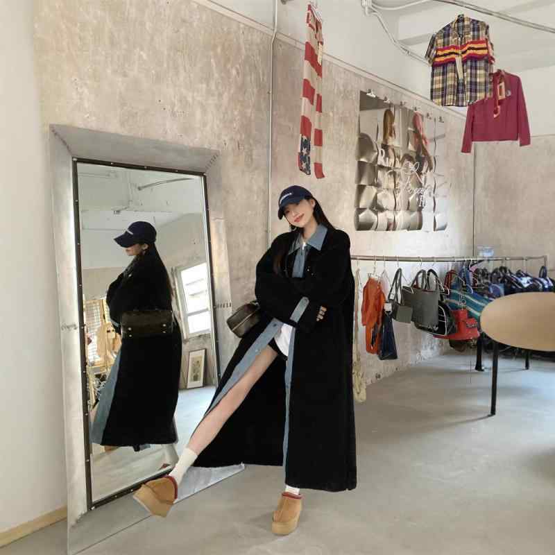 レディース 厚地の外套 ジーンズ ラムウール うつり変わり アウター レトロ ヴィンテージ風 か細い影ぼうし 真っただ中丈 ふわふわ ホンブルグ帽 秋冬 心地よい 普段使い走り 軽さ