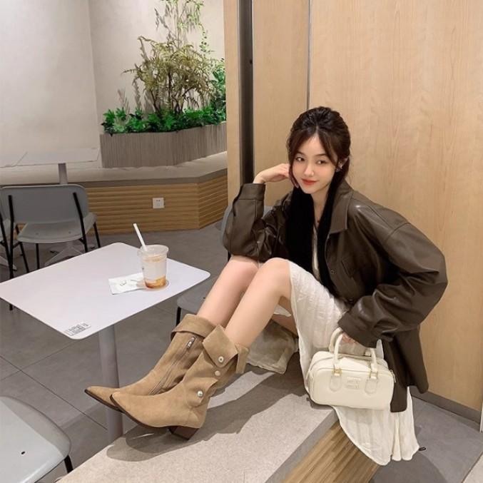 レディース ロングブーツ 秋冬 太踵 ハイヒール カウ御嬢さん ジーンズ ミドルカーフ 西側風 膝下丈 厚底 伸縮性 普段使い