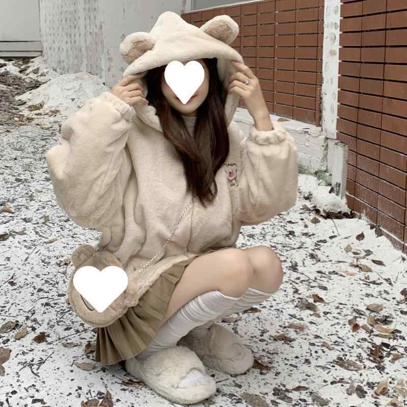 レディース 秋冬 厚地の外套 熊 刺しゅう 子ヒツジ毛皮 ゆったり 朦々たる 保温 ふわふわ 綿 生あたたかい アウター 日常使い走り パステル色の 原料品