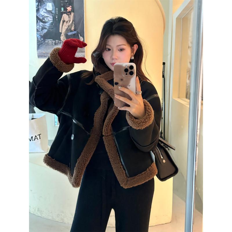 レディース 秋冬 厚地の外套 韓国 レトロ 照明ランプ色合い 子ヒツジ毛皮 スエードクロス 天鵞絨 保温 生あたたかい 流行り物 普段使い走り 軽さ 今めかしい